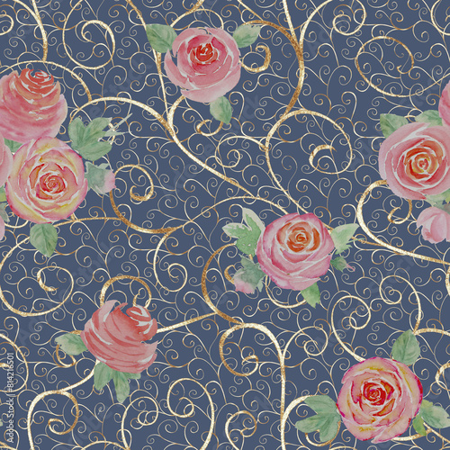 Watercolor roses flowers. Beautiful floral seamless pattern.