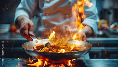 Chef in hotel kitchen preparing delicious and healthy food with fire and flames. Professional cook culinary journey in the commercial restaurant industry.
