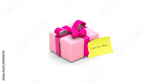 pink gift box with ribbon and note I Love You Mom. Happy Mother Day Background Concept.Generative Ai © Fuji