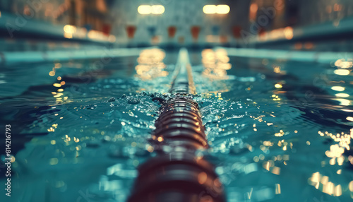 close-up of swimming pool with lane dividers and water reflections, swimming competiton of the olympic games banner concept photo