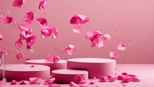 Pink podium on solid background with falling rose petals showcases luxury beauty. Generative Ai
