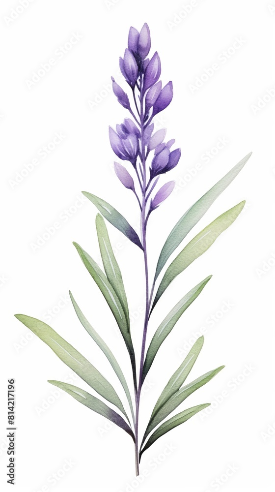 Graceful purple flower with long green leaves, watercolor illustration.