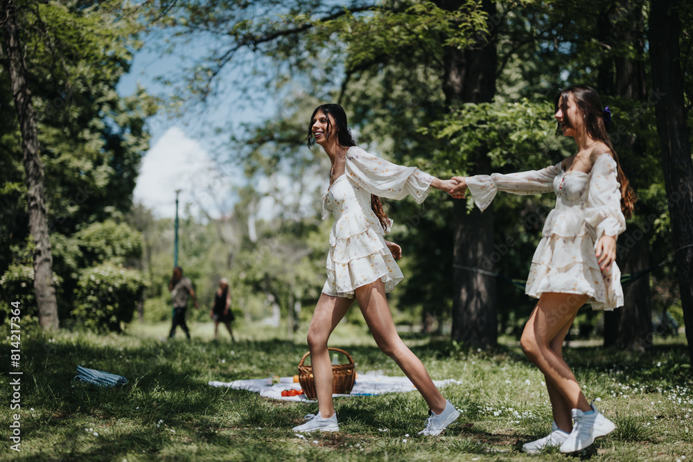 Capturing a carefree moment, two young women in floral dresses dance and laugh under the sun in a lush green park setting. Capturing a carefree moment, two young women in floral dresses dance and laugh under the sun in a lush green park setting.