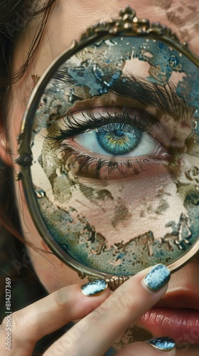 In a surreal close-up a person with heterochromic eyes holds a mirror photo