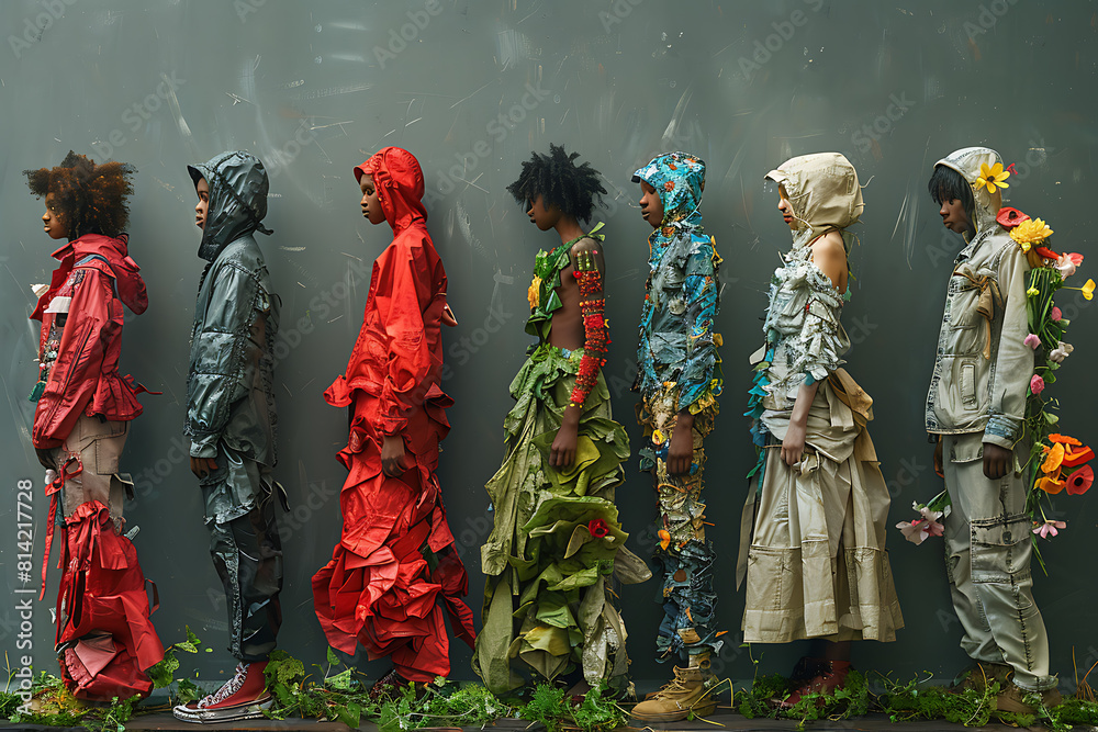 Fototapeta premium In an eco-conscious scene, people proudly wear clothes crafted from recycled plastic, promoting sustainability and fashion-forward environmentalism with stylish attire