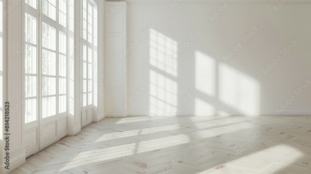 Fototapeta premium Bright living room interior with white empty wall background.