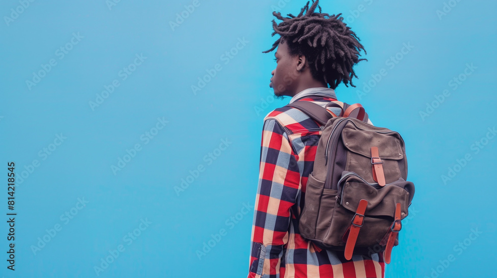 Young Man With Dreadlocks and Backpack Against Blue Background Young Man With Dreadlocks and Backpack Against Blue Background
