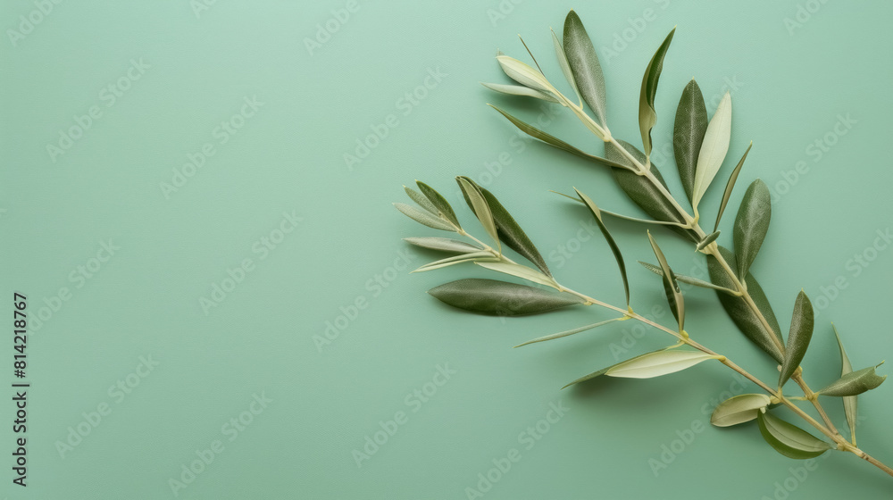 olive branch on green pastel background, with copy space for text olive branch on green pastel background, with copy space for text