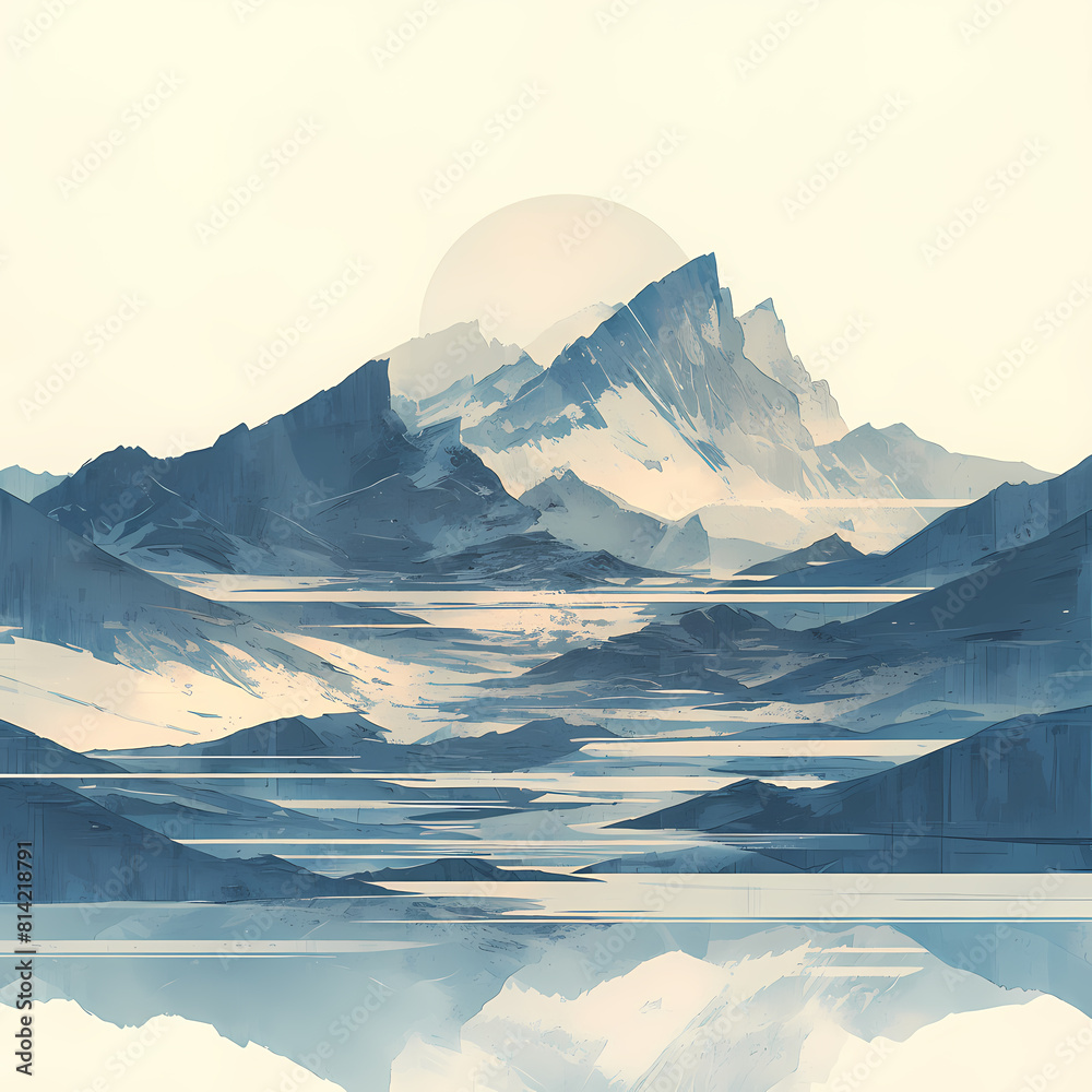 Experience the tranquility of nature through this abstract representation of a mountain range and serene lakes. This image captures the essence of peace and awe-inspiring landscapes, perfect for use