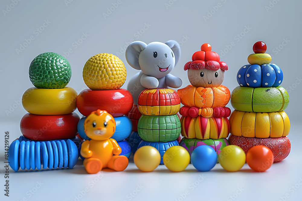 A collection of colorful toys arranged neatly on a pristine white background, offering a diverse range of playtime possibilities and childhood nostalgia A collection of colorful toys arranged neatly on a pristine white background, offering a diverse range of playtime possibilities and childhood nostalgia