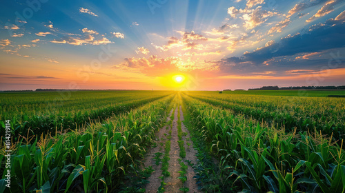 Sunset corn field in summer with blue sky and white clouds. Rural scene farming growth. Sunbeam horizon  clear sunlight maize crop. Sundown emotion carefree.