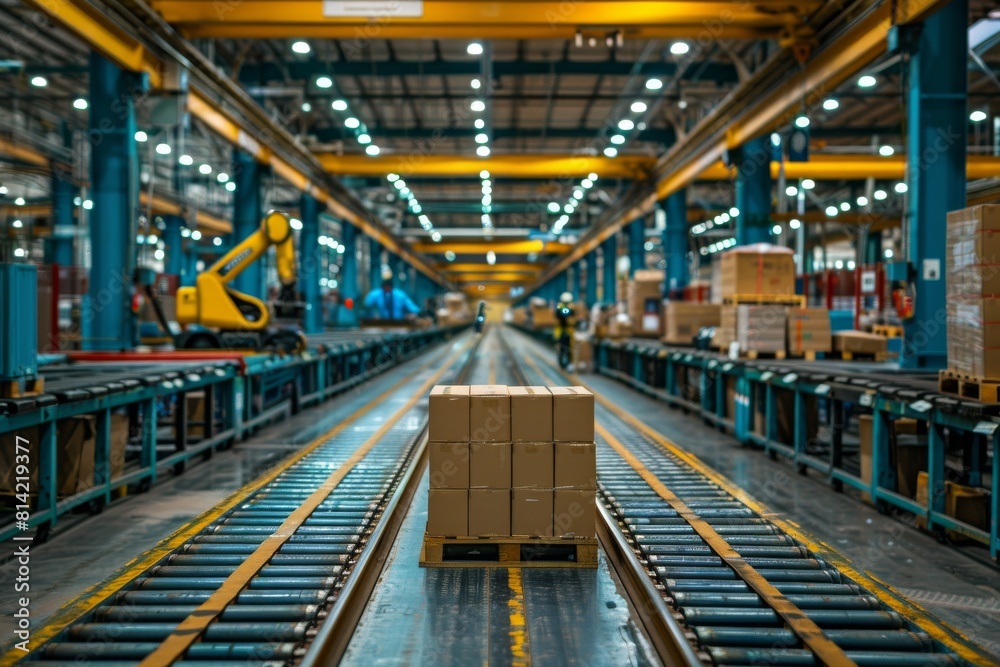 Fototapeta premium Conveyor Belt in Factory With Boxes