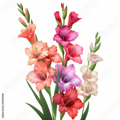 Vibrant and colorful gladiolus flowers showcasing shades of pink  orange  and purple in full bloom.
