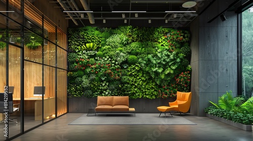 Vertical Garden in Modern Office  A modern office interior with an entire wall turned into a lush vertical garden © rookielion