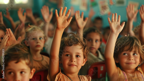 Group of Children Raising Their Hands in a Classroom