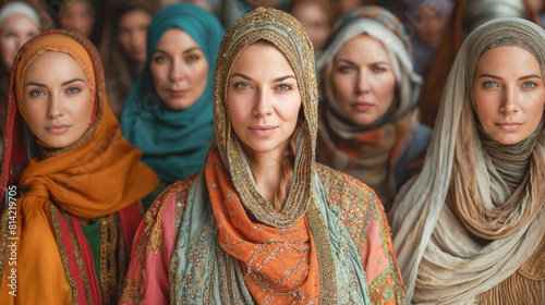 A group of smiling women wearing colourful embroidered scarfs.