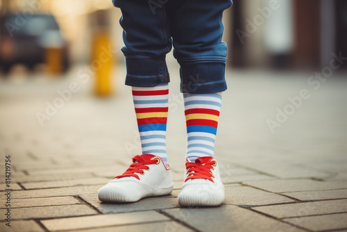 Kid legs with different pair of socks and red sneakers standing in the street outdoors. Child foots in mismatched socks. Odd Socks day, Anti-Bullying Week, Down syndrome awareness concept