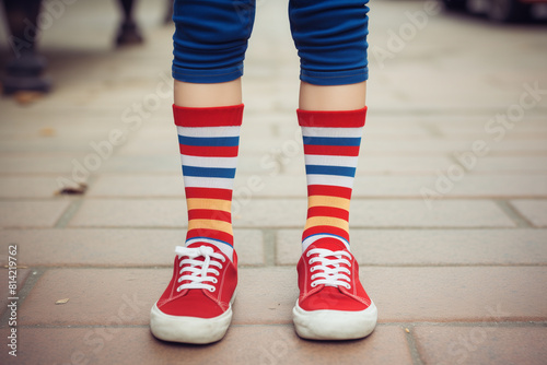 Kid legs with different pair of socks and red sneakers standing in the street outdoors. Child foots in mismatched socks. Odd Socks day  Anti-Bullying Week  Down syndrome awareness concept