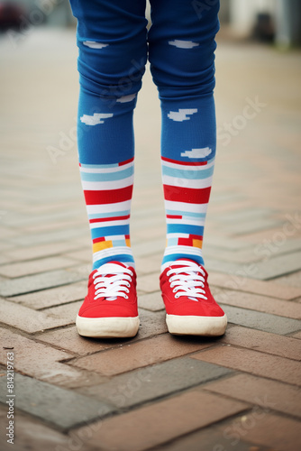 Kid legs with different pair of socks and red sneakers standing in the street outdoors. Child foots in mismatched socks. Odd Socks day  Anti-Bullying Week  Down syndrome awareness concept