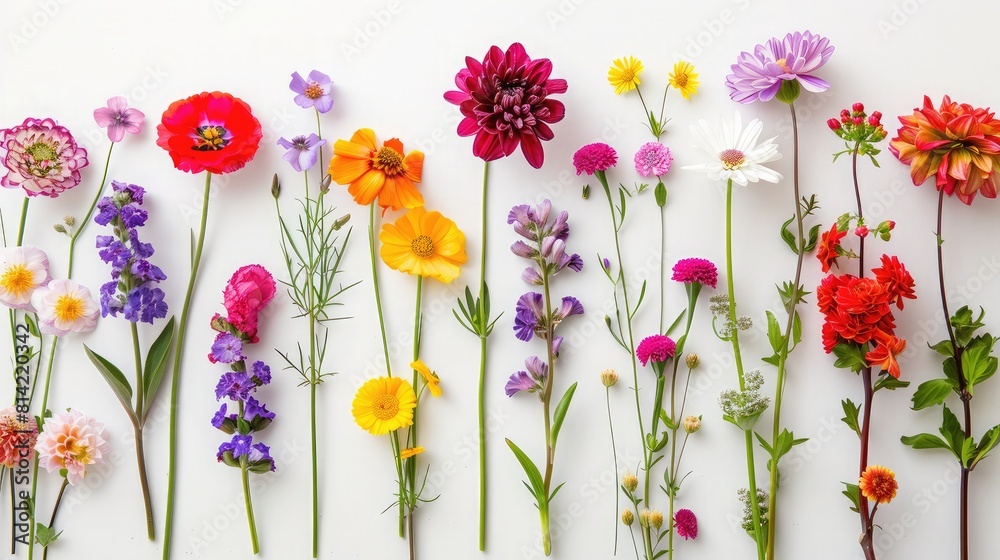 Bright and vivid flowers arranged elegantly on a pure white surface, perfect for any project.