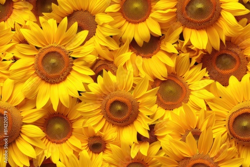 A close up of many yellow sunflowers. The flowers are in full bloom and are arranged in a way that creates a sense of abundance and warmth