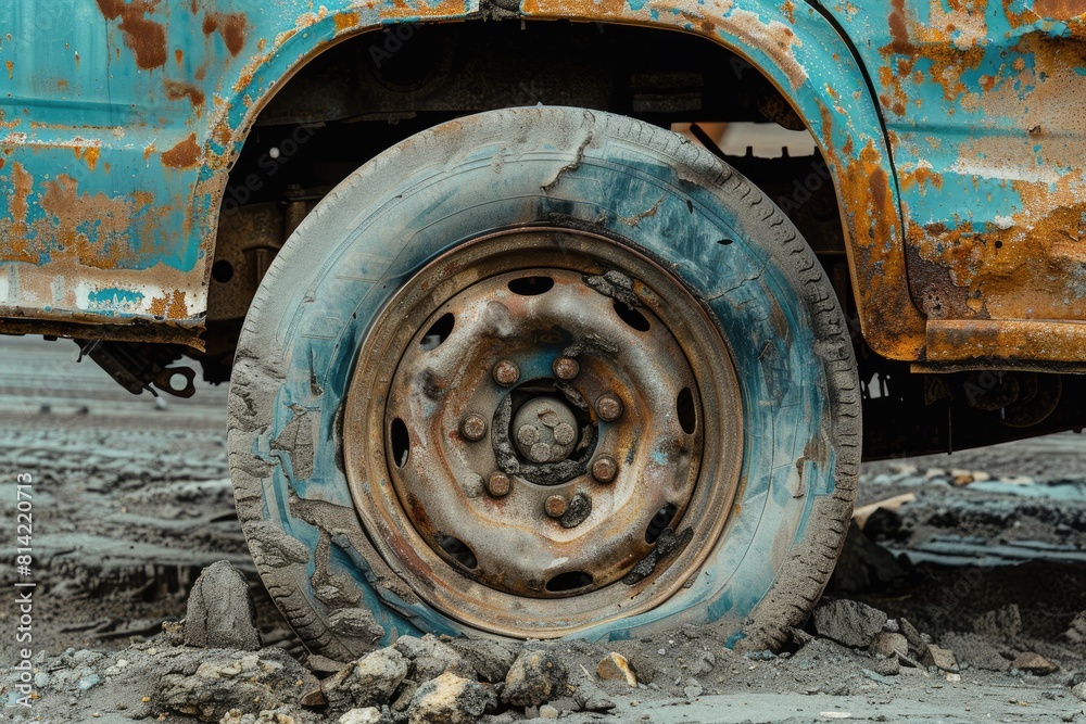A rusted and worn out tire on a truck. The tire is blue and has a lot of dirt and rust on it A rusted and worn out tire on a truck. The tire is blue and has a lot of dirt and rust on it