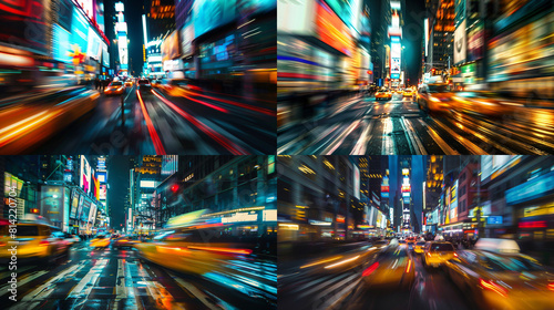 Streets of Manhattan. Illumination and night lights of New York City. Intentional motion blur 
