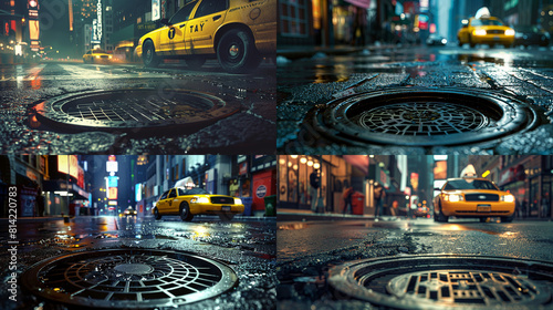A manhole of a New York City street at night as a theatre spotlight shines down and a city taxi cruises by. 3D illustration and urban background
