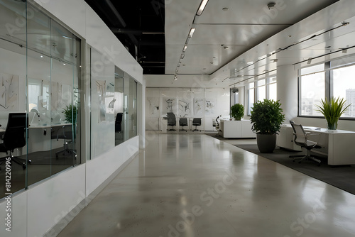 An 8k image of A panoramic view of a white modern office space  with glass partitions  potted plants  and abstract art adorning the walls  High illustration  Highly Details 