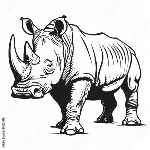 Black and white line art illustration of a rhinoceros standing  showing detailed body contours.
