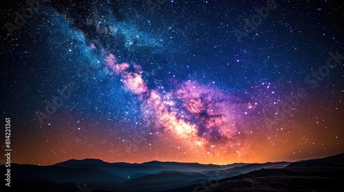 A beautiful night sky with a large, glowing cloud of milk. The sky is filled with stars and the moon is barely visible. The scene is peaceful and serene, with the stars twinkling in the darkness photo