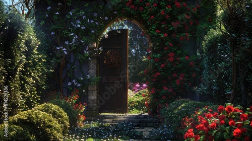 secret garden hidden behind tall hedges  revealing a paradise of blooming flowers.