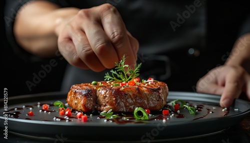 Visualize a chefs hands artfully plating a gourmet dish, highlighted against a black background with banner space for a menu