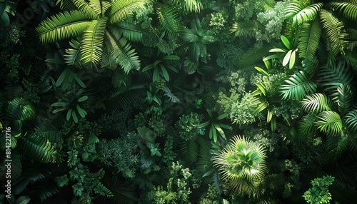 Visualize a dense tropical rainforest canopy seen from above  highlighting the vibrant biodiversity and lush greenery