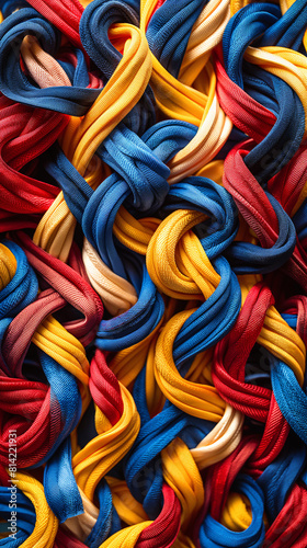 A vibrant display of assorted colorful ribbons intertwined in a lively dance of textures and hues