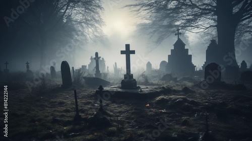 A Mysterious and Haunting Graveyard Scene at Twilight
