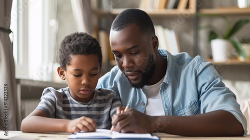 Guiding Light: A father helping his son with homework,Father Supports Son's Learning Journey (Supportive Dads)