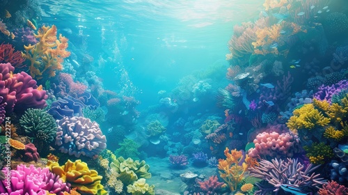 Surreal underwater scene with colorful coral reefs, great for diving resorts and marine conservation