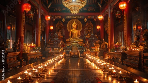 Temple interior illuminated by candlelight  creating a serene atmosphere for Buddhist holy day observances.