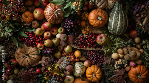 Overhead view of a bountiful harvest spread featuring gourds apples and cranberries set against a warm autumn backdrop