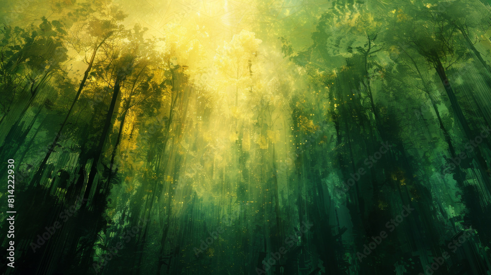 Sunlight streams through a dense, mystical green forest, creating a tranquil and magical ambiance.