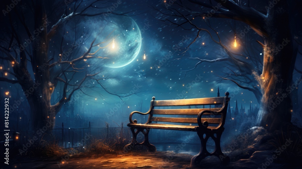 Mysterious night landscape with bench and full moon