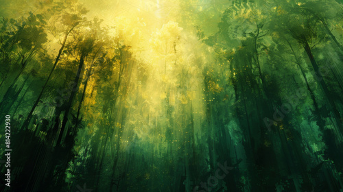 Sunlight streams through a dense  mystical green forest  creating a tranquil and magical ambiance.