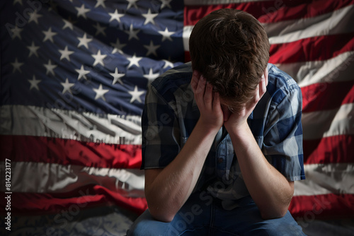 Upset Young Man Sitting in Front of American Flag with his Head in Hands - Political Anxiety Concept
