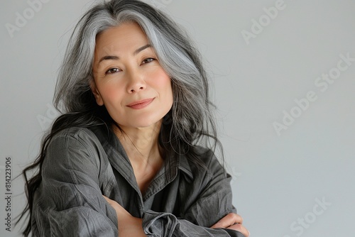 attractive asian woman with grey hair sitting on chair isolated on grey