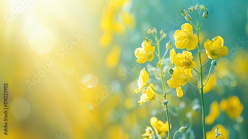 A field of yellow flowers with a blue sky background. The flowers are in full bloom and the sky is bright and sunny