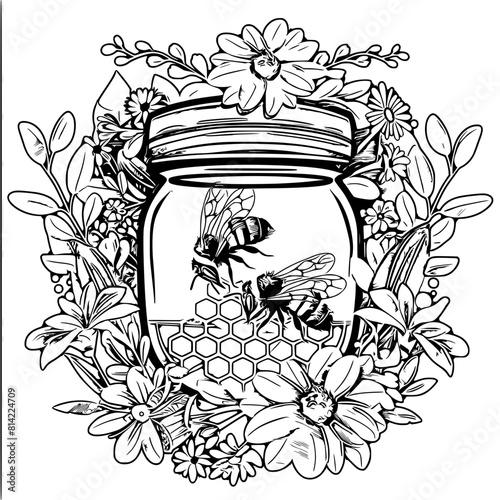 This vibrant illustration features a honey jar encircled by a floral garland, with two bees on a honeycomb, emphasizing natural and artisanal themes.