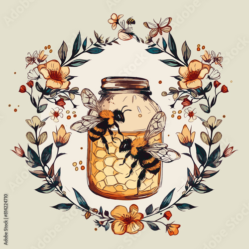 This vibrant illustration features a honey jar encircled by a floral garland, with two bees on a honeycomb, emphasizing natural and artisanal themes.