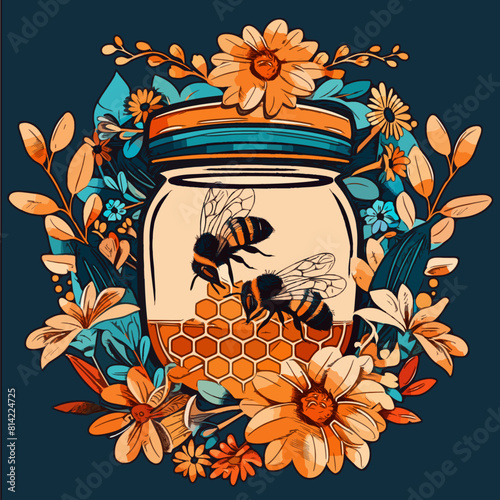 This vibrant illustration features a honey jar encircled by a floral garland, with two bees on a honeycomb, emphasizing natural and artisanal themes.