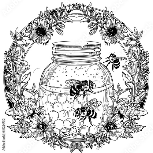 This vibrant illustration features a honey jar encircled by a floral garland, with two bees on a honeycomb, emphasizing natural and artisanal themes.